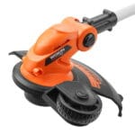 Close-up of the pivoting motor head on WOKIN cordless trimmer showing the tilt adjustment button to convert from trimmer to edger.