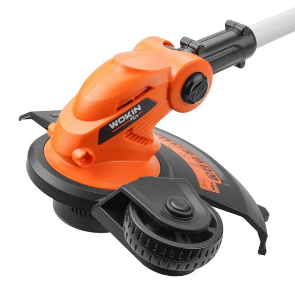 Close-up of the pivoting motor head on WOKIN cordless trimmer showing the tilt adjustment button to convert from trimmer to edger.