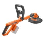 Full view of WOKIN 20V string trimmer body with a ghosted battery illustration indicating the battery is sold separately.