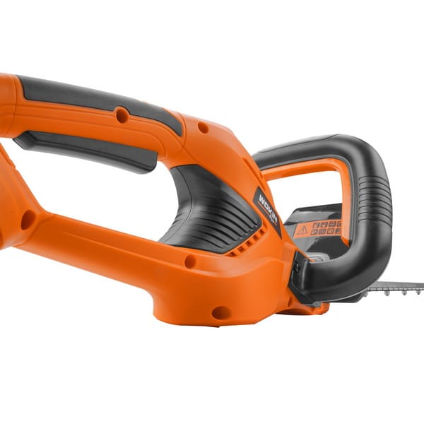 Detail view of the ergonomic main handle, safety switch, and auxiliary grip on the WOKIN 20V garden trimmer.