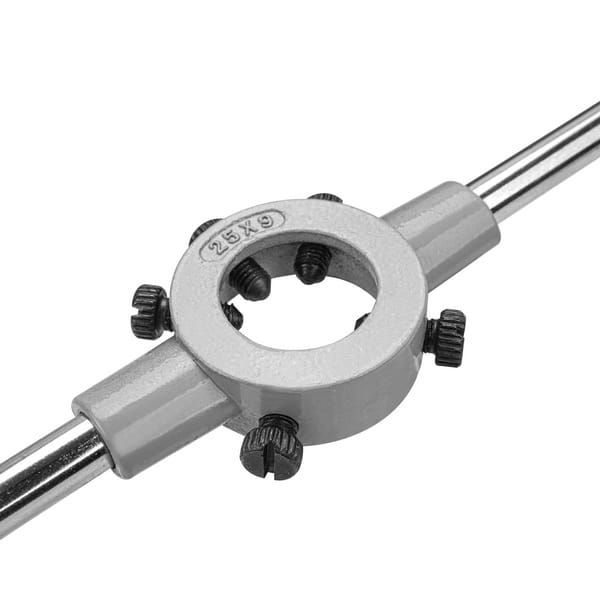 Close-up detail of the WOKIN die holder head showing adjustable screws for secure fitment