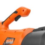 Detail view of the ergonomic soft-grip handle and operation trigger on the WOKIN cordless air blower.