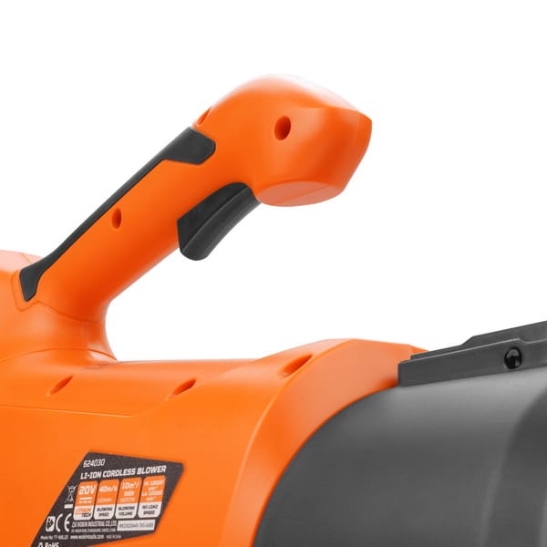 Detail view of the ergonomic soft-grip handle and operation trigger on the WOKIN cordless air blower.
