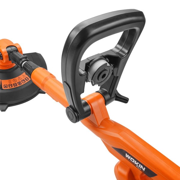 Close-up of the adjustable auxiliary handle on WOKIN grass trimmer featuring built-in storage for a spare line spool.