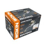 Packaging box for WOKIN Hand Winch model 739608, highlighting 800lbs capacity, 10m cable length, and 3.1:1 gear ratio specifications.