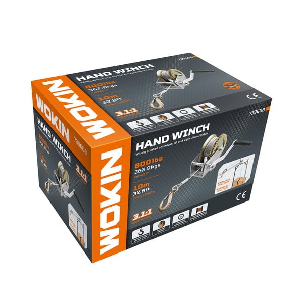 Packaging box for WOKIN Hand Winch model 739608, highlighting 800lbs capacity, 10m cable length, and 3.1:1 gear ratio specifications.