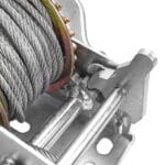 Close-up detail of the one-piece forged gear mechanism and ratchet switch pawl on the WOKIN hand winch ensuring secure operation.