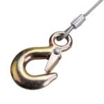 Heavy-duty steel mooring hook with a safety latch attached to the wire rope of the WOKIN hand winch.