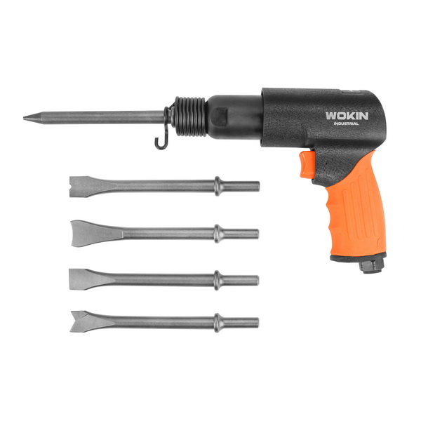 WOKIN heavy-duty air hammer displayed alongside its complete 5-piece 175mm chisel assortment, including pointed, flat, and cutting chisels for various masonry and metal tasks.