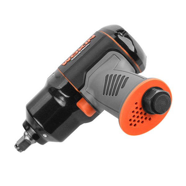 Bottom angled view of the WOKIN heavy-duty air impact wrench, revealing the air inlet fitting and the orange exhaust port at the base of the handle.