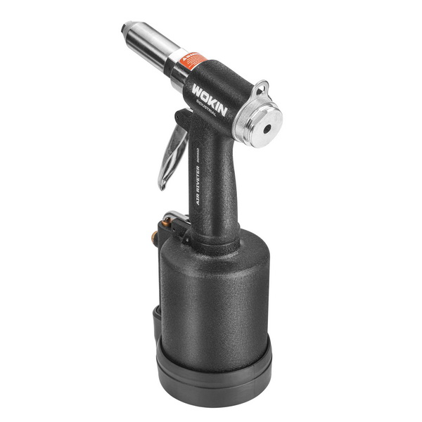 Full side profile of the WOKIN heavy-duty pneumatic pop rivet gun, featuring a black textured housing, silver nose assembly, and a bottom mandrel catcher.