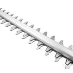 Close-up detail of the sharp dual-action steel cutting blade on the WOKIN cordless hedge trimmer.