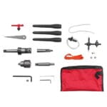 Complete accessory kit for WOKIN magnetic drill including pilot pins, drift key, chuck key, safety strap, and coolant system parts.