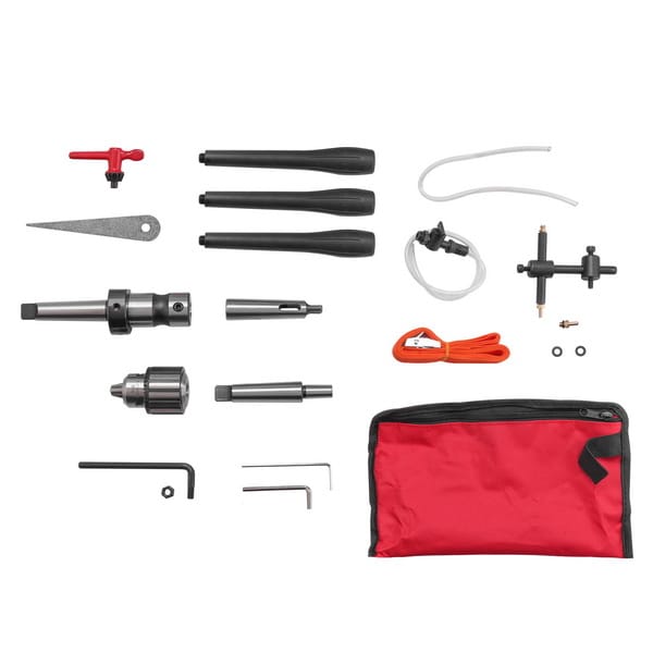 Complete accessory kit for WOKIN magnetic drill including pilot pins, drift key, chuck key, safety strap, and coolant system parts.
