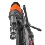 Side view highlighting the ergonomic feed handle and robust structural design of the WOKIN multi-purpose magnetic drill.