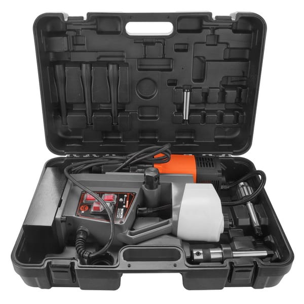 Internal view of the hard storage case with the WOKIN 1800W magnetic drill and accessories securely organized.