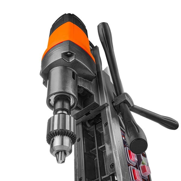 WOKIN magnetic drill fitted with a standard keyed drill chuck attachment for twist drill bits.