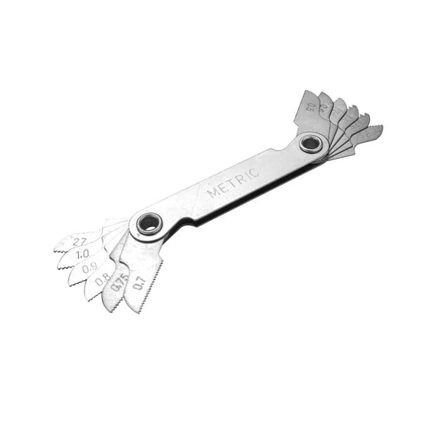Stainless steel metric screw pitch gauge included in the WOKIN set for identifying thread sizes