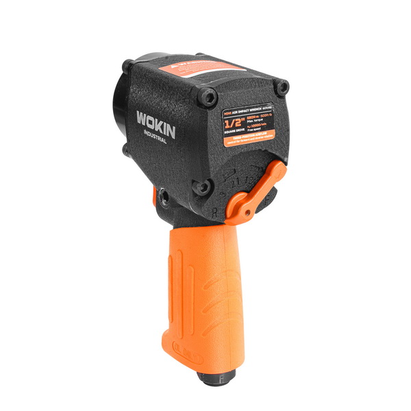 Back view of the WOKIN mini air impact wrench featuring the easy-to-use orange forward/reverse and power adjustment lever.