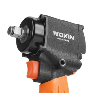 Angled side profile of the WOKIN mini air impact wrench, illustrating its short stubby design which is ideal for working in tight automotive spaces.