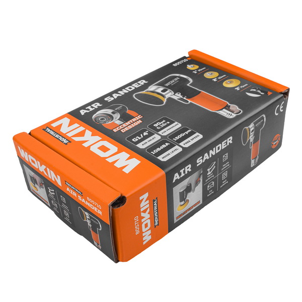 Retail packaging box for the WOKIN Industrial Mini Air Sander and Polisher, highlighting its eccentric design and compatibility with 1-inch, 2-inch, and 3-inch pads.