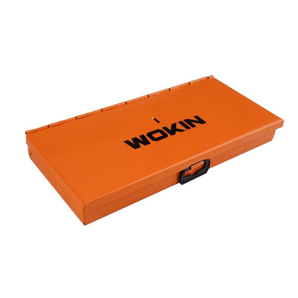 Durable orange metal storage case with WOKIN logo for storing the 32-piece tap and die set