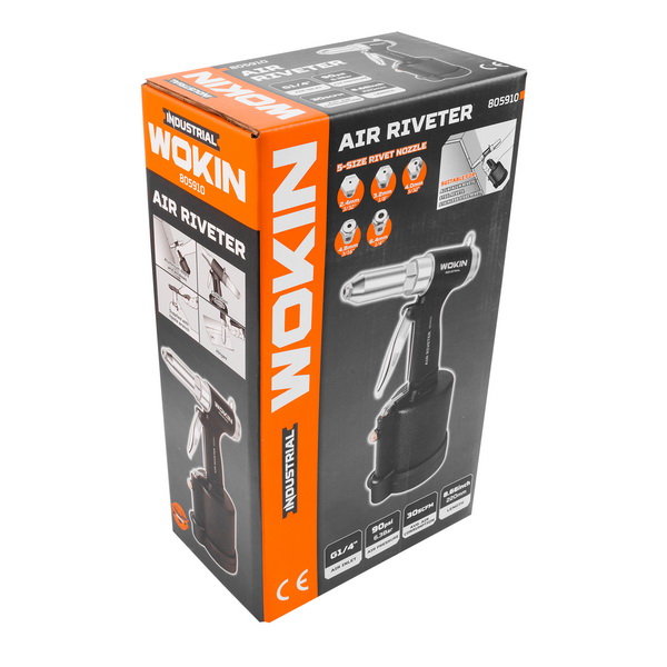 Retail packaging box for the WOKIN industrial air riveter, highlighting its compatibility with 5 different rivet nozzle sizes and various metal rivets.