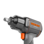 Close-up side view of the WOKIN pneumatic impact wrench, focusing on the heavy-duty 1/2-inch square drive anvil, orange trigger, and metallic housing.