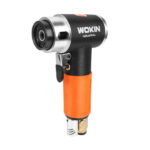 Side view of the WOKIN pneumatic random orbital sander bare tool, featuring a durable metal housing, trigger switch, and an orange textured grip.