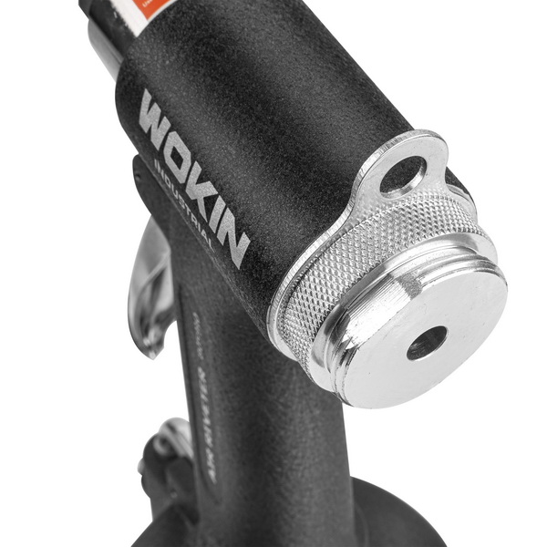 Close-up detail of the knurled back cap and metal suspension hanging loop on the top rear of the WOKIN industrial air riveter housing.