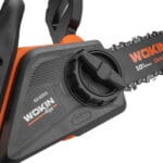 Close-up of the tool-free chain tensioning knob on the WOKIN 624060 model allowing for easy chain adjustments without tools.