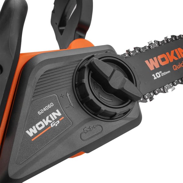 Close-up of the tool-free chain tensioning knob on the WOKIN 624060 model allowing for easy chain adjustments without tools.