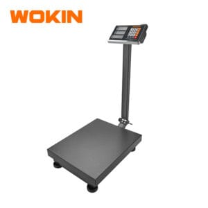 Fully assembled WOKIN Electronic Platform Scale featuring a textured weighing base, upright pole, and digital display.
