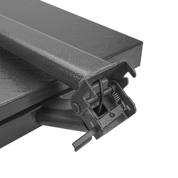 Close-up detail of the metal folding hinge and spring mechanism on the base of the WOKIN Electronic Platform Scale.