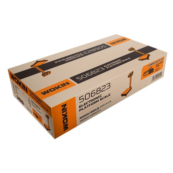 Retail packaging box for WOKIN Electronic Platform Scale showing model 506823 and 300kg capacity.