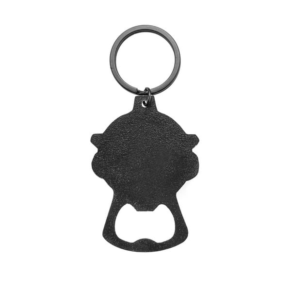 Back view of the WOKIN Bottle Opener Keychain showing the textured black metal finish and opener mechanism