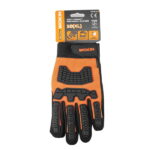 WOKIN Anti-Impact Mechanic Glove attached to a retail header card, highlighting size 10/XL, EVA buffer padding, and EN388 safety rating.