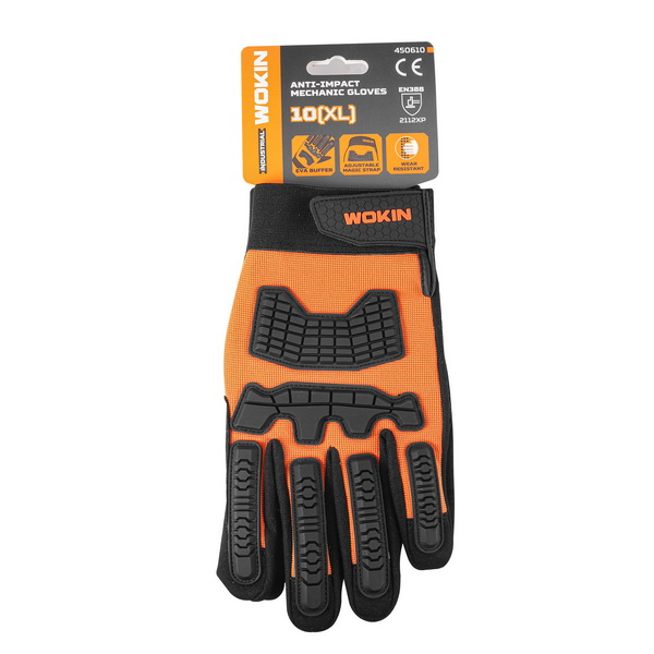 WOKIN Anti-Impact Mechanic Glove attached to a retail header card, highlighting size 10/XL, EVA buffer padding, and EN388 safety rating.