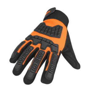 Back view of the WOKIN heavy-duty mechanic glove, showcasing the high-visibility orange fabric and thick black EVA rubber padding for knuckle and finger protection.