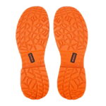 Bottom view showing the bright orange, slip-resistant rubber outsoles of the WOKIN safety shoes, featuring an aggressive tread pattern for maximum traction on work sites.