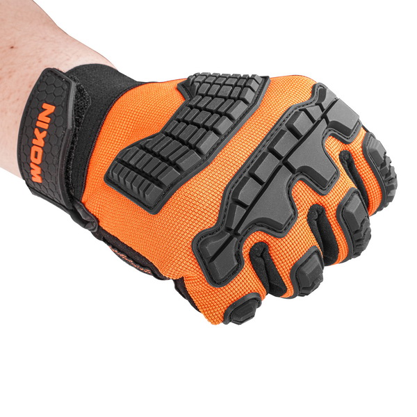 A person wearing the WOKIN anti-impact mechanic glove with a clenched fist, demonstrating how the EVA rubber armor protects the hand during heavy labor.