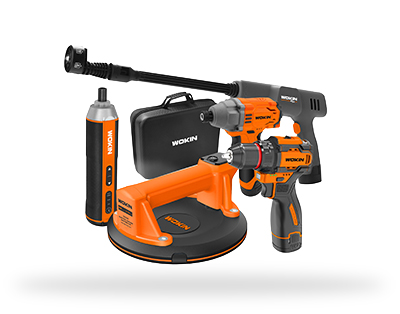 WOKIN cordless power tools set including cordless drill, impact driver, high-pressure washer gun, and tile suction lifter