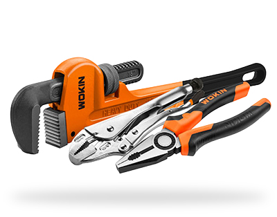 WOKIN holding tools set including heavy-duty pipe wrench, curved jaw locking pliers, and combination pliers
