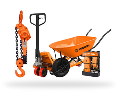 WOKIN industrial lifting and material handling equipment including lever chain hoist, hydraulic pallet jack, wheelbarrow, and tie-down straps