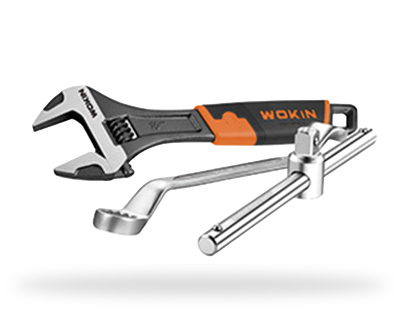 WOKIN mechanics tools set including adjustable wrench, offset ring spanner, and sliding T-bar socket handle