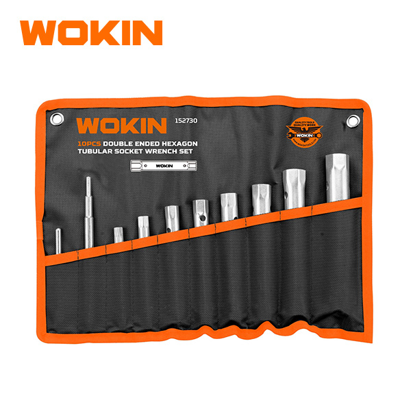 WOKIN 10-Piece Double-Ended Hexagon Tubular Socket Wrench Set, Box Spanner Kit with Tommy Bars and Roll-Up Tool Pouch (152730)