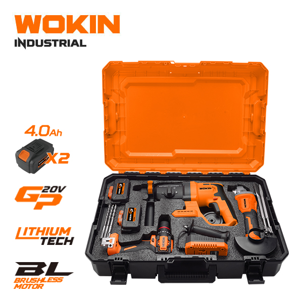 WOKIN Industrial GP 20V Brushless Cordless 3-Tool Combo Kit with SDS-Plus Rotary Hammer, Hammer Drill, Angle Grinder, Two 4.0Ah Batteries, and Hard Case