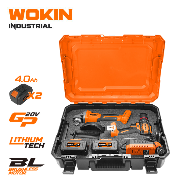 WOKIN Industrial GP 20V Brushless Cordless 2-Tool Combo Kit with Angle Grinder, Hammer Drill, Two 4.0Ah Batteries, and Hard Carry Case